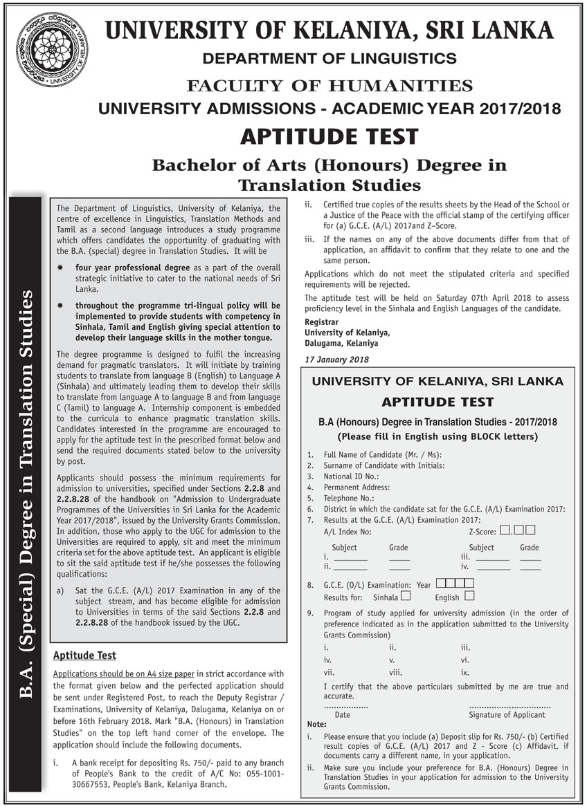 Bachelor of Arts (Honours) Degree in Translation Studies - Faculty of Humanities - University of Kelaniya